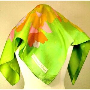 Vtg CHRISTIAN DIOR silk scarf 1970s Lge Abstract Flowers hand rolled Green Orang